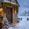 Kerstguirlande met lichtjes, dennenappels en bessen slingert over de entree van een stenen huis bij sneeuwval.