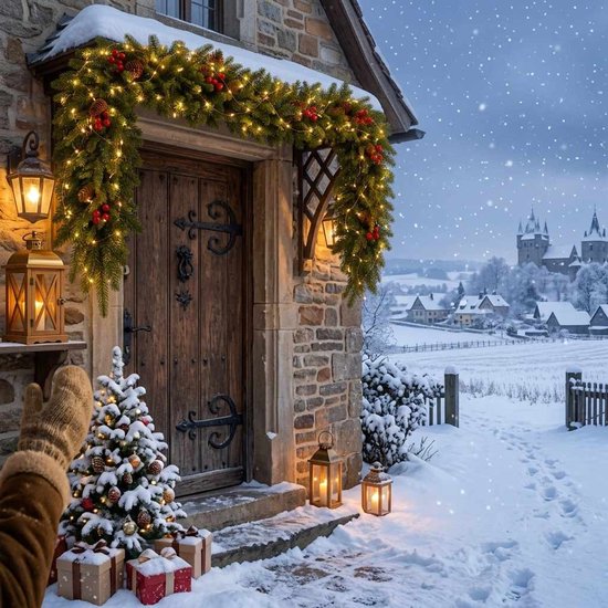 Kerstguirlande met lichtjes, dennenappels en bessen slingert over de entree van een stenen huis bij sneeuwval.