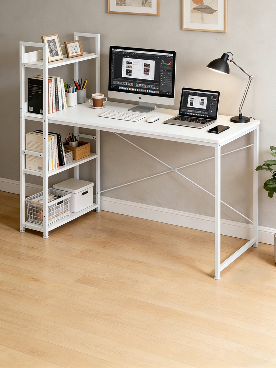 Computerbureau met Omkeerbare Boekenkast - Bureau van 140 x 60 cm met 4 Open Planken, Ruim Werkblad en Stevig Metalen Frame - Ruimtebesparend Bureau voor Laptop, Desktopcomputer, Thuiswerken, Studiekamer, Slaapkamer en Kantoor - Wit