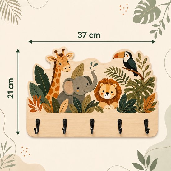 Houten kapstok van 37x21cm, met 5 haken en een afbeelding van jungle dieren.