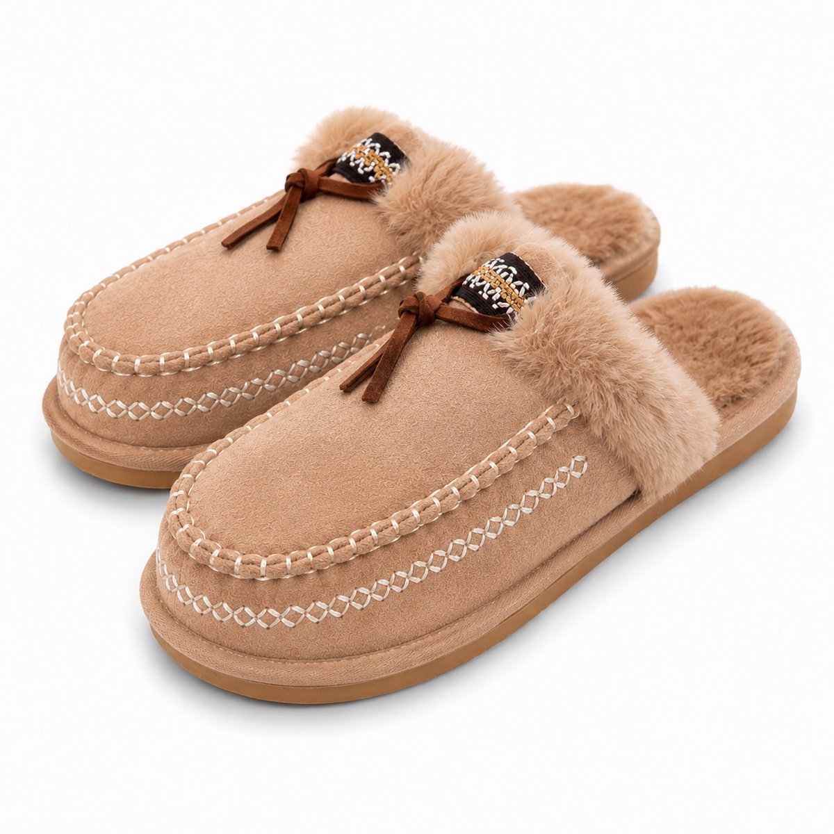 Pantoffels Dames – Sloffen – Warme Huisschoenen met Fluffy Voering – Suède Look – Antislip Zool – Maat 36 - Beige