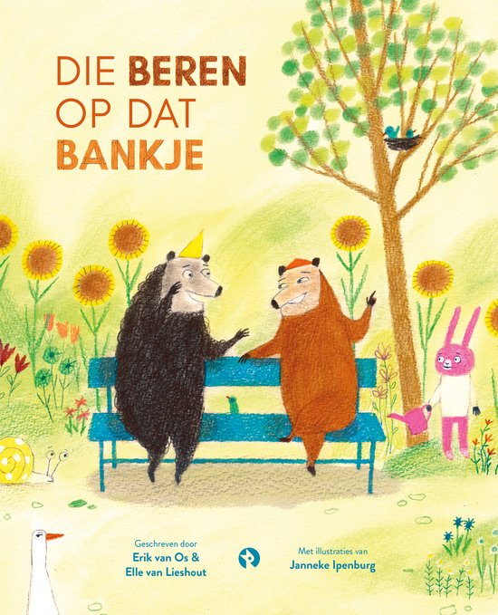 Boekomslag met de tekst 'Die beren op dat bankje'. Een zwarte en een bruine beer zitten op een blauw bankje, omringd door zonnebloemen.
