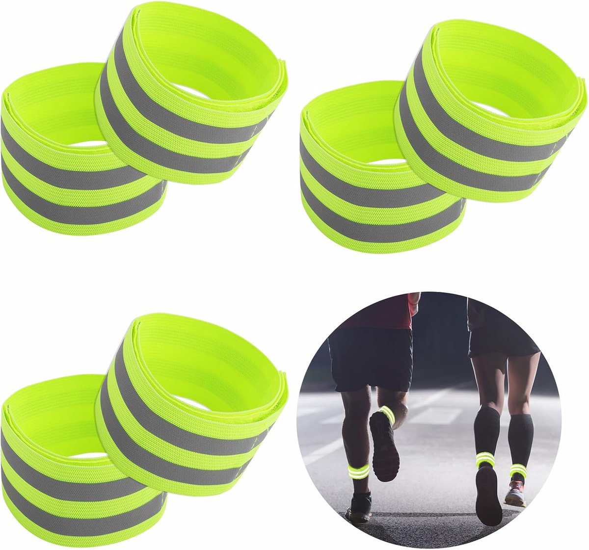 Set van 6 fietsbroekclips, elastische reflecterende tape, reflecterende tape met klittenbandsluiting, beschermt de broek, voorzien van sterke reflecterende strips, geschikt voor fietsen en hardlopen.