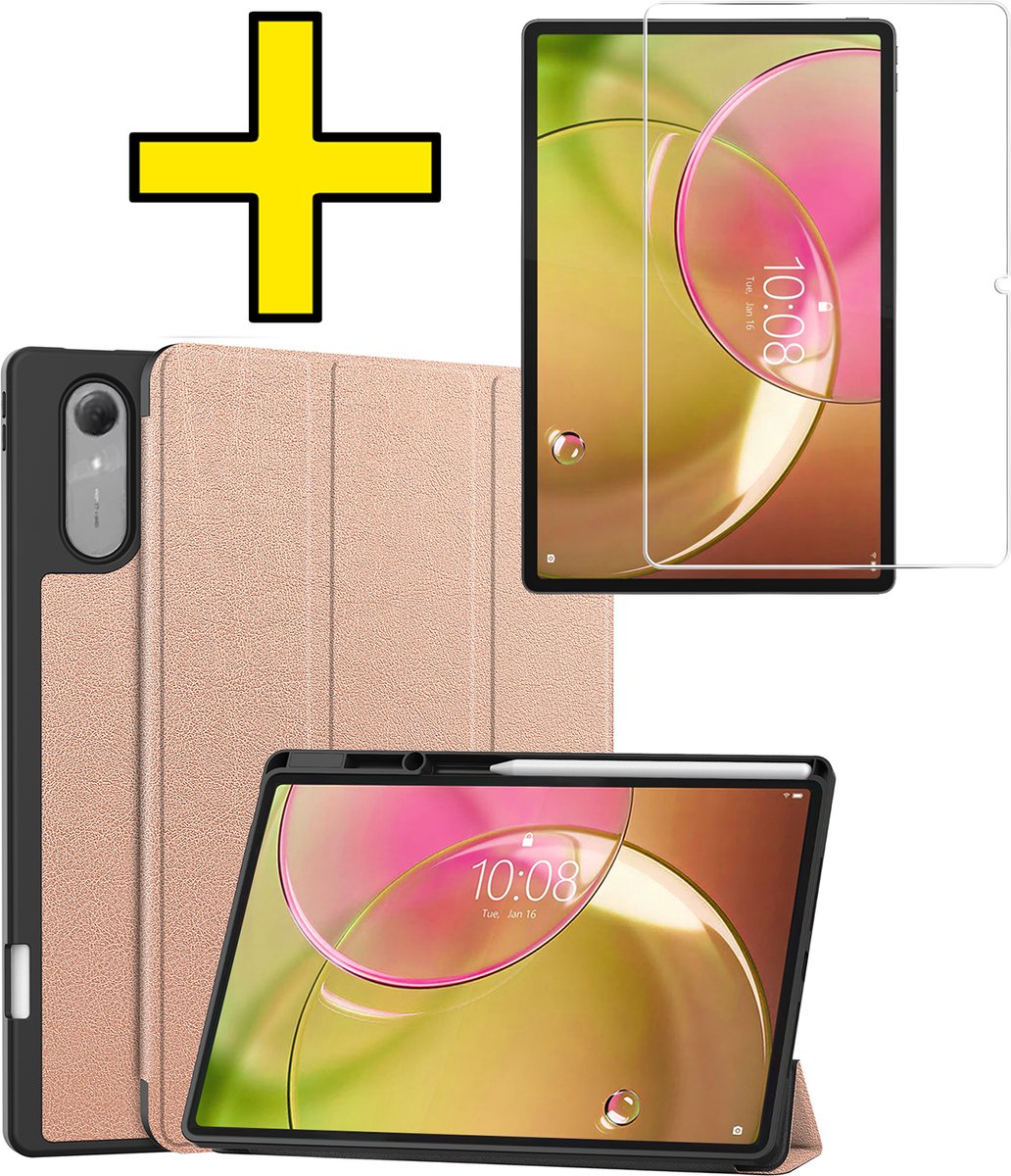 Hoes - Geschikt voor Lenovo Idea Tab Pro Gen 2 - Met Screenprotector - Trifold Bookcase - Hard Cover Case - Met Uitsparing Geschikt voor Lenovo Pen - Hardcover Book - Tablet Hoesje - Rosé goud