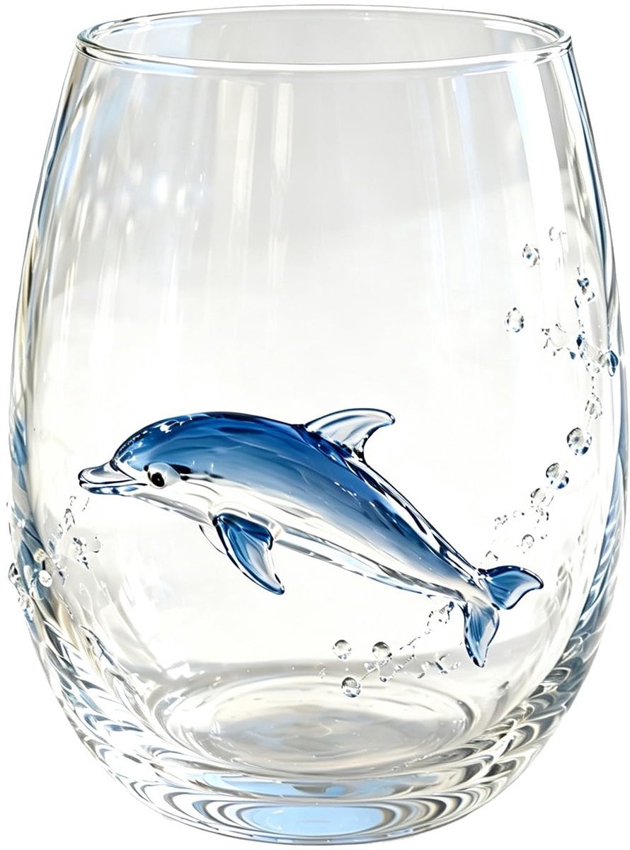 Casalora® Handgemaakt 3D Wijnglas zonder Voet – Maritiem Dier Design – Artistiek Drinkglas – Kustdecoratie – Cadeau voor Oceaanliefhebbers – Dolfijn