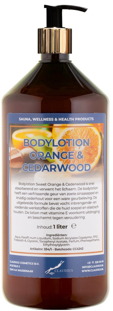 Bodylotion Sweet Orange & Cedarwood 1 liter met gouden pomp