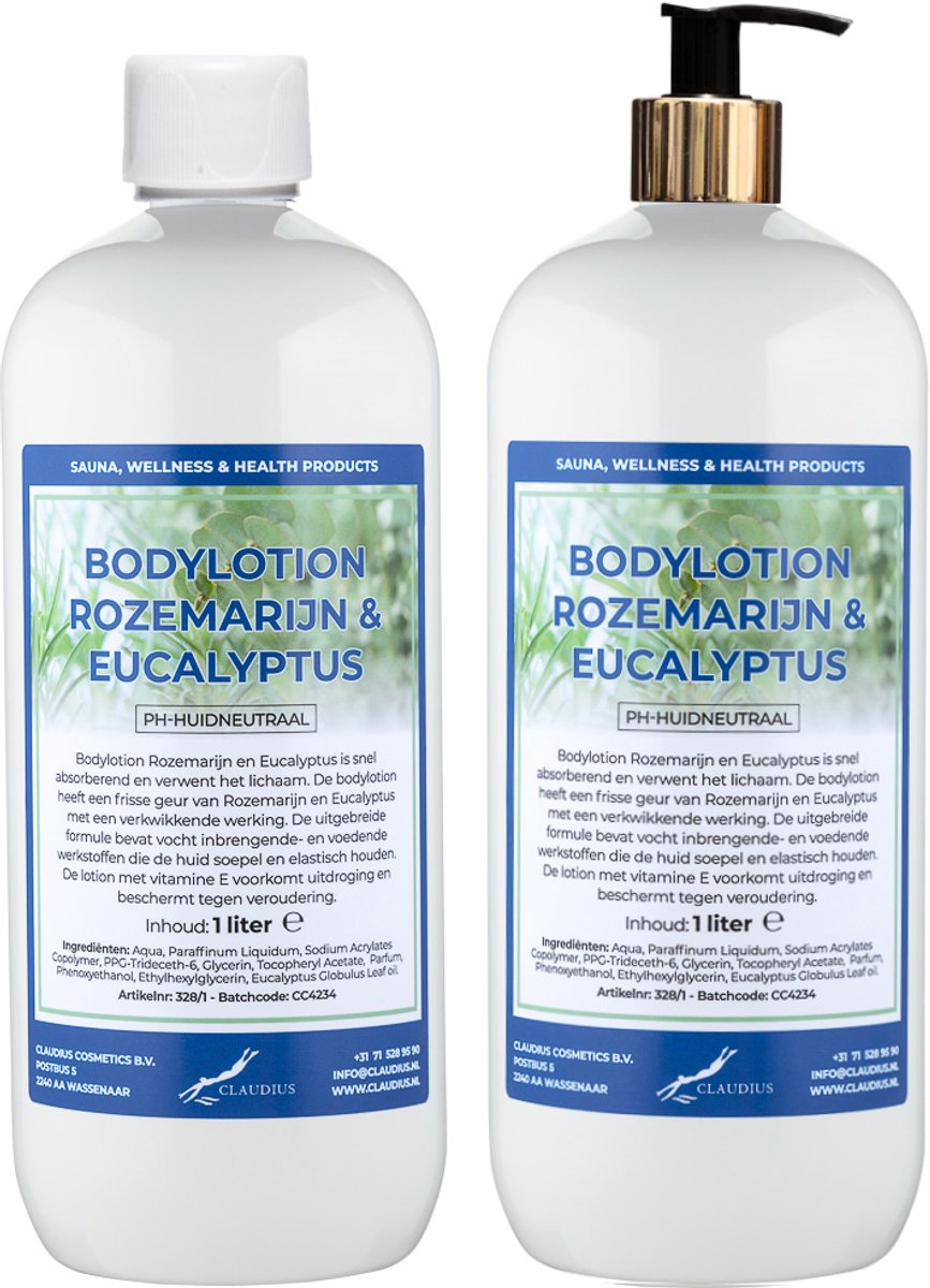 Bodylotion Rozemarijn & Eucalyptus 1 Liter - met gouden pomp - set van 2 stuks