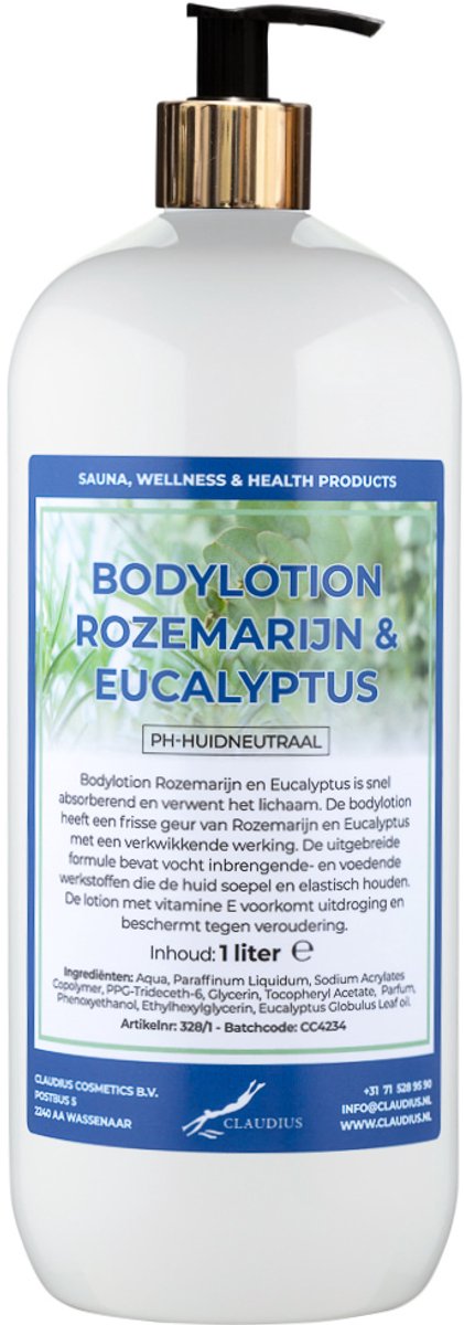Bodylotion Rozemarijn & Eucalyptus 1 liter met gouden pomp