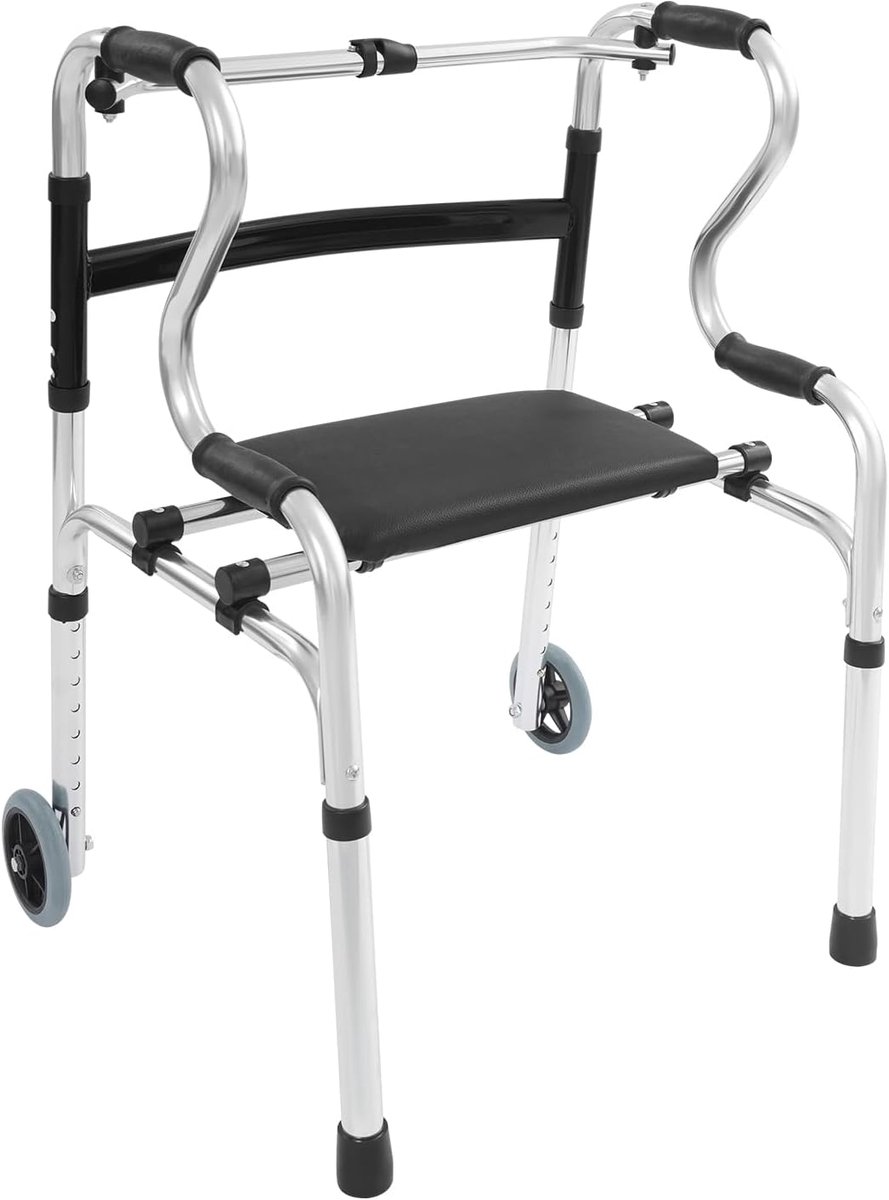 3-in-1 Multifunctioneel Loophulpmiddel - Looprek met 2 Wielen - Loophulp - In Hoogte Verstelbaar - Opvouwbaar - Zwart
