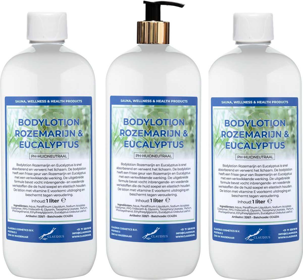 Bodylotion Rozemarijn & Eucalyptus 1 Liter - met gouden pomp - set van 3 stuks