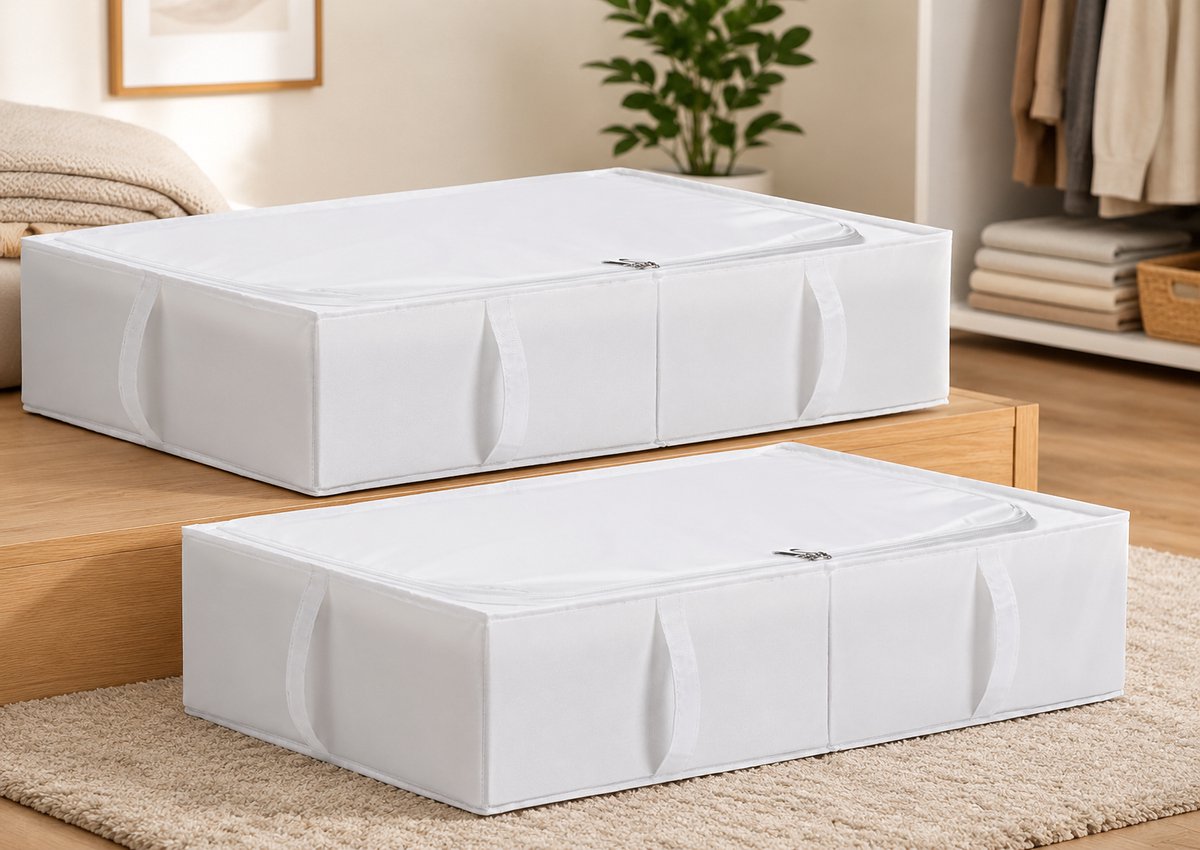 Opbergdozen onder bed met deksel, 2 stuks, duurzame stof, wasbaar, opvouwbaar, 70 x 42 x 18 cm, wit