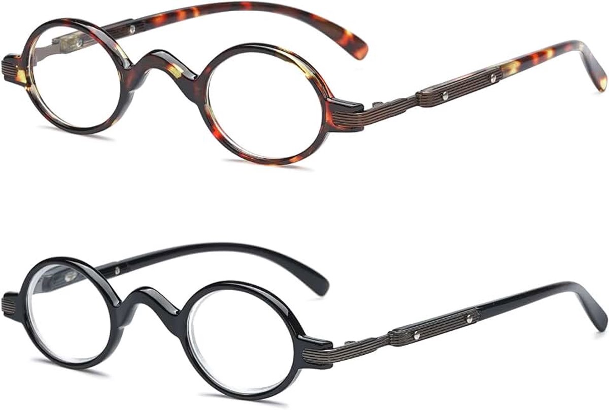 Leesbril voor dames en heren, retro, ronde klassieke bril met volledig rand, werkbril, vintage, helder, leeshulp, zichthulp, bril met gezichtssterkte, 2 leesbrillen (zwart + schildpad)