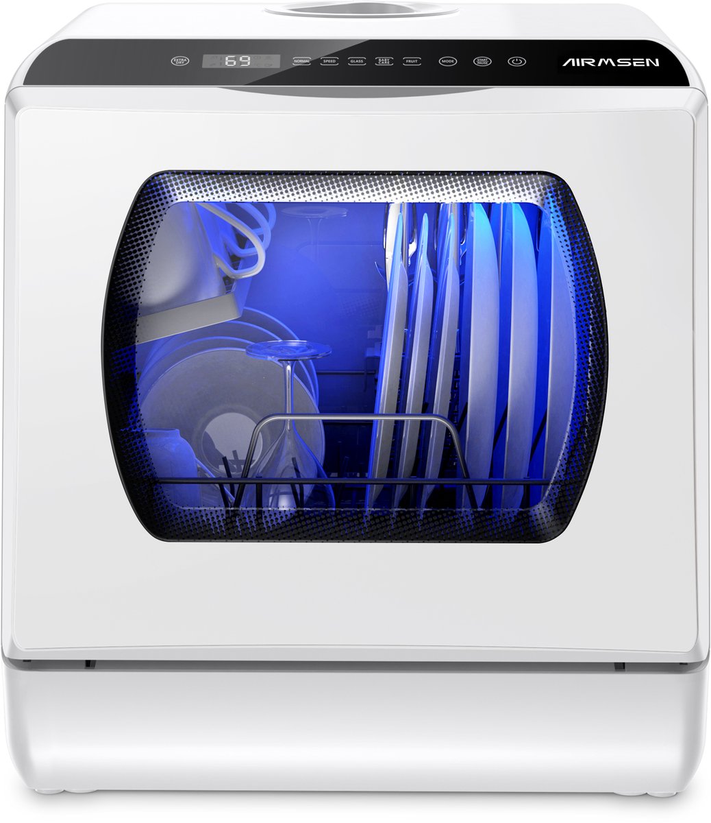 AIRMSEN Mini Vaatwasser - Met 5L Watertank - Zonder Vaste Wateraansluiting - 5+1 Programma's - 4 Couverts - Vrijstaande Afwasmachine - Wit