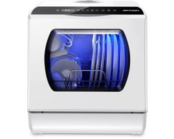 AIRMSEN Mini Vaatwasser - Met 5L Watertank - Zonder Vaste Wateraansluiting - 5+1 Programma's - 4 Couverts - Vrijstaande Afwasmachine - Wit