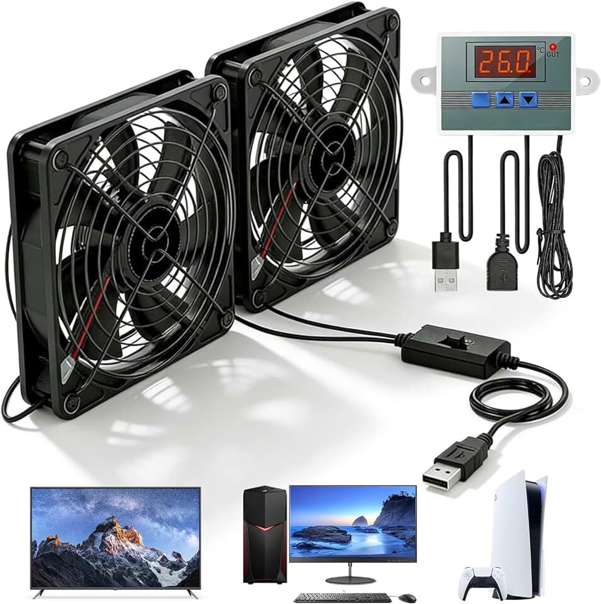 120 mm met digitale temperatuurregelaar, USB-ventilator voor pc, behuizingsventilator, dubbele ventilator met 3 instelbare snelheden, voor PS5/laptop/tv-box/AV