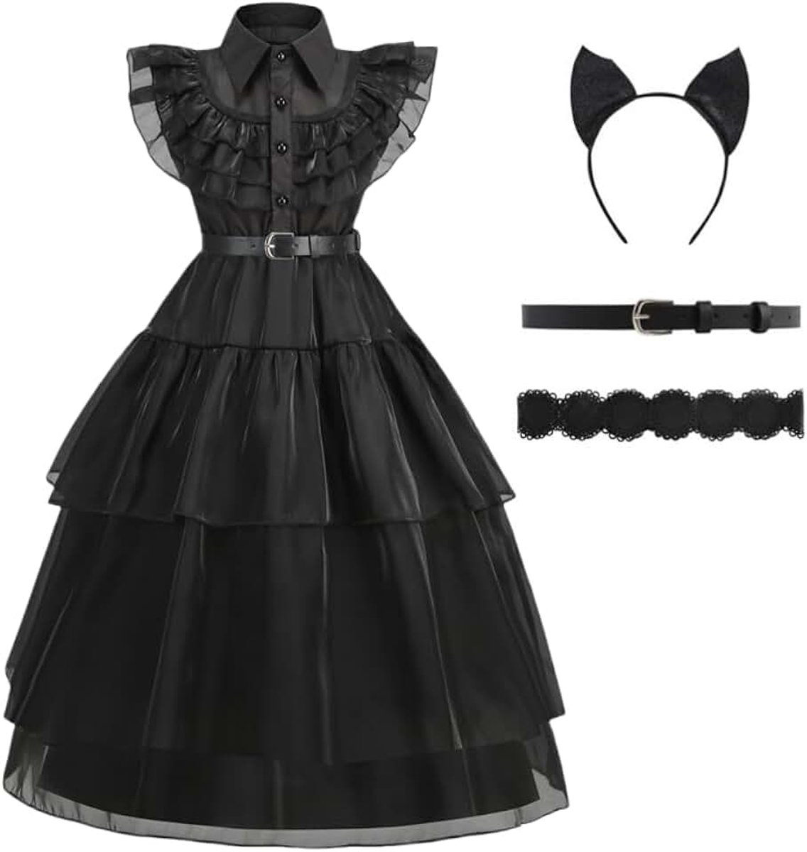 Kostuum Woensdagkostuum voor kinderen, gothic jurk, kostuum, kinderen, zwarte tule rok, jurk met pruik, riem en sokken, Wednesday jurk, carnaval, cosplay, party