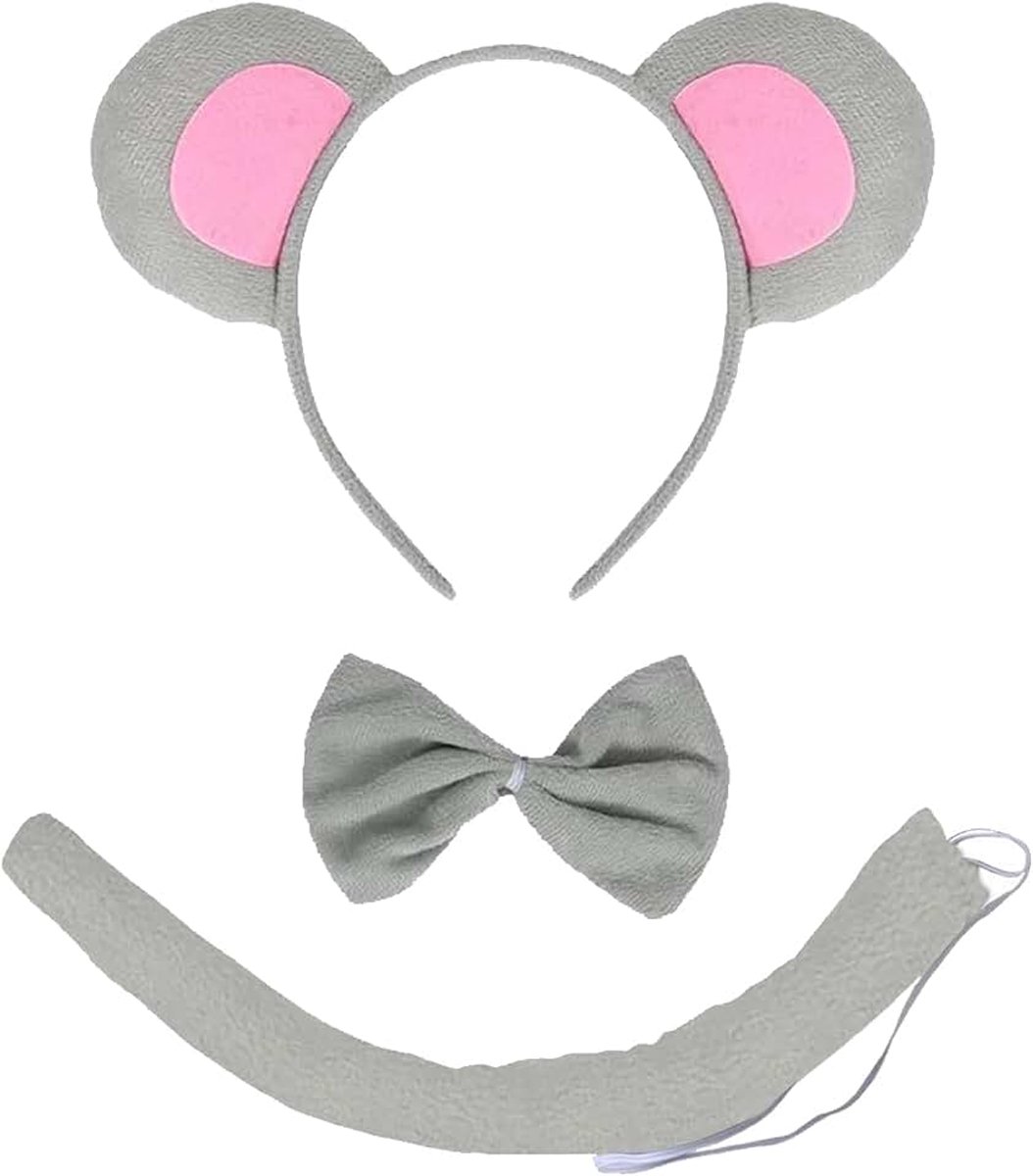 Kostuumset, dierenkostuums, muizenoren, grijze muizenoren, stropdas, neus, staart, voor kinderen, cosplay, party, carnaval accessoires