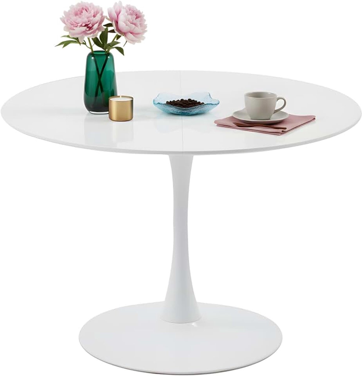 Eettafel, rond, wit, 110 cm diameter, voor 4 tot 6 personen, ronde eettafel, modern, wit, met metalen basis, voor keuken, woonkamer, café (wit, 110 x 110 x 73 cm)