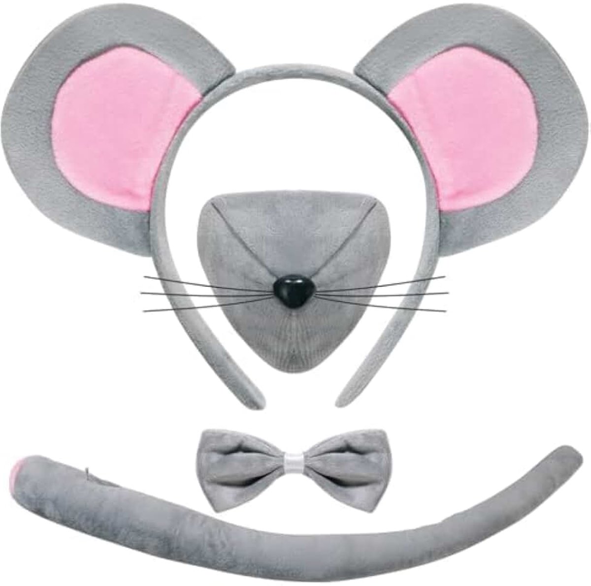 Kostuumset, dierenkostuums, muizenoren, grijze muizenoren, stropdas, neus, staart, voor kinderen, cosplay, party, carnaval accessoires