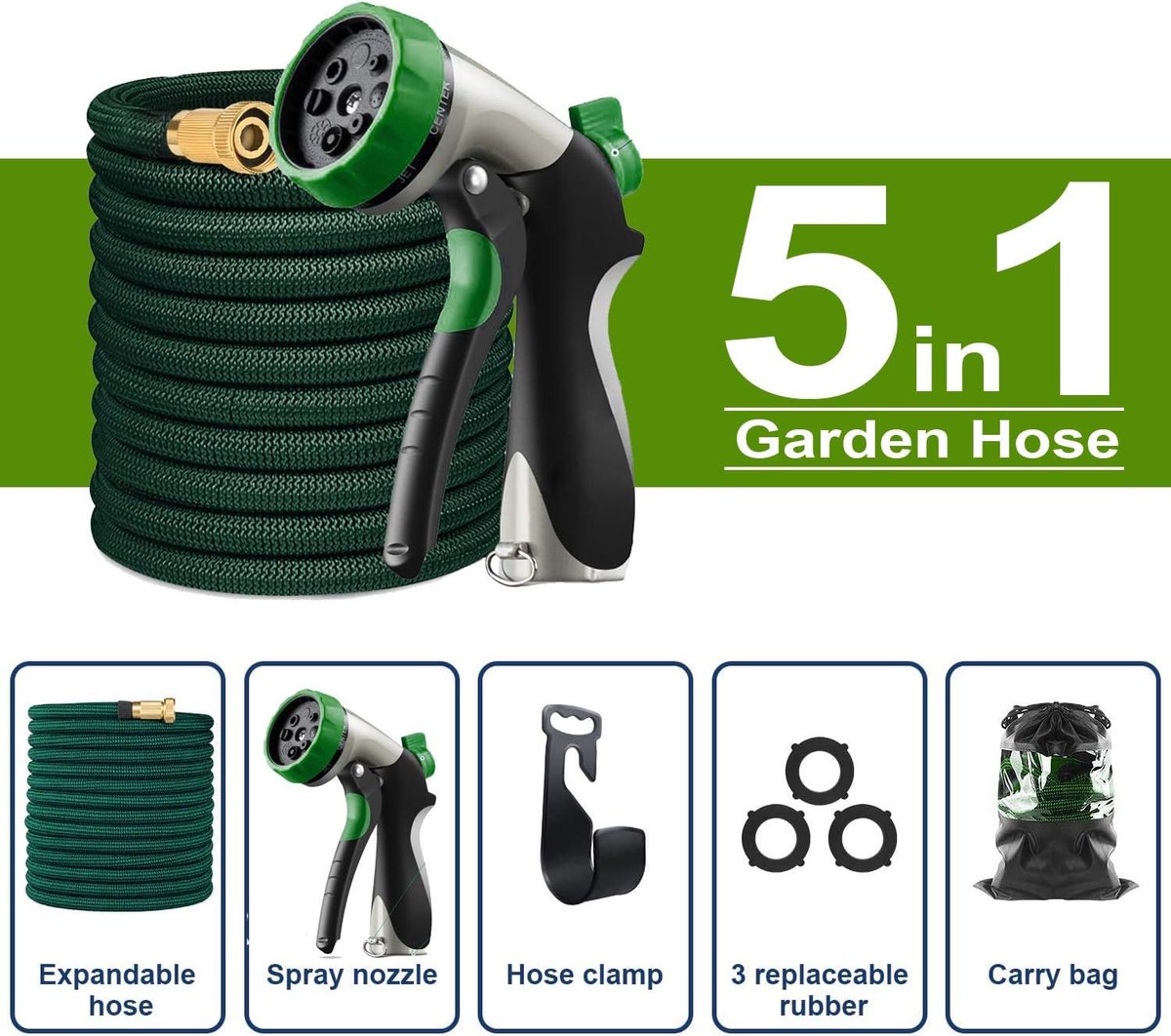 Tuinslang Uitbreidbaar - Flexibele Slang - Tuin Water Geven - Versterkte Messing Connectoren - 150 Voet - Groen – foto 2