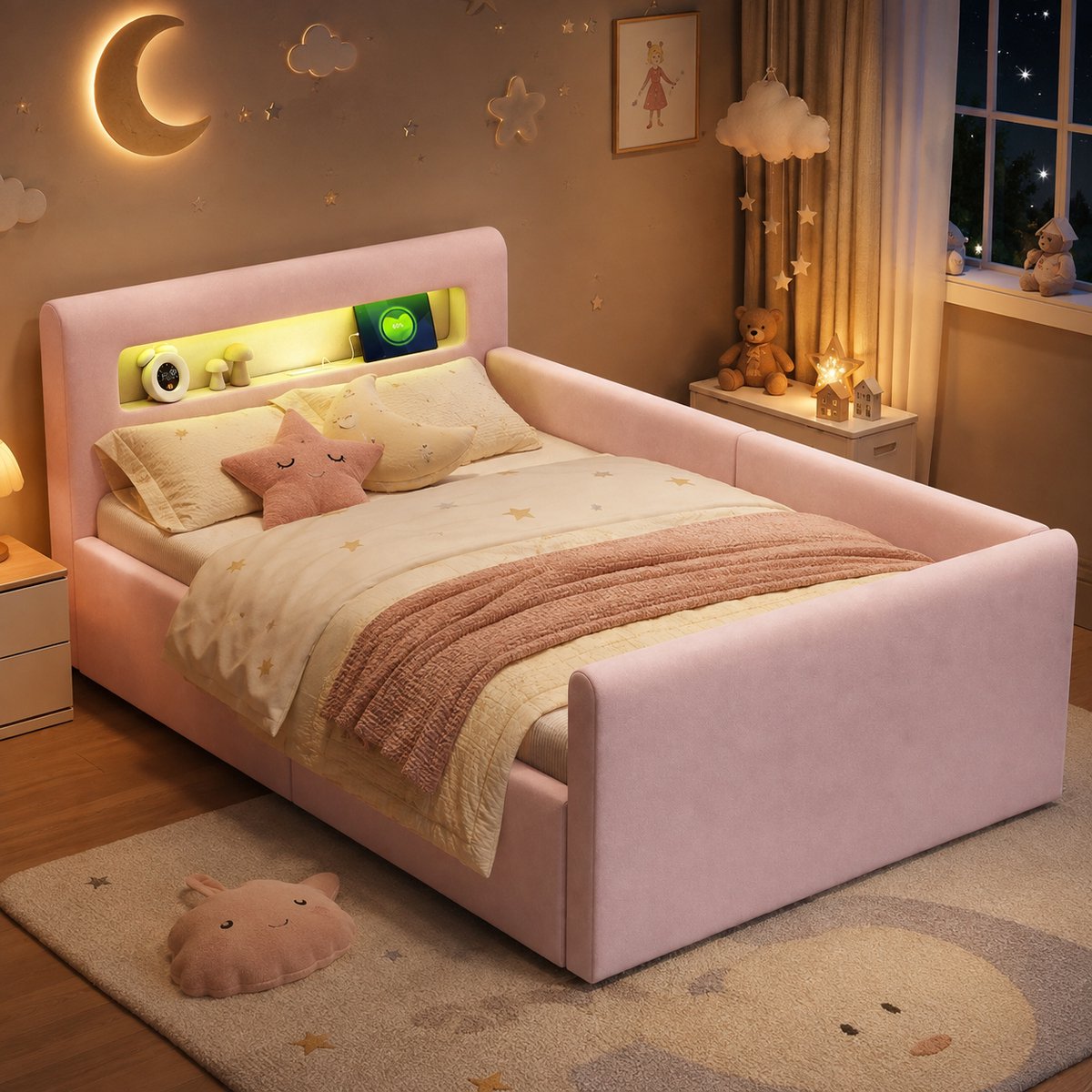 Kinderbed 90x200 cm - Eenpersoonsbed - Opbergbed - Multifunctioneel bed - Met hydraulische functie - Met hoofdbord - Met nachtlampje - Met opbergvak - Met USB-oplaadpoort - Veilig en comfortabel - Roze