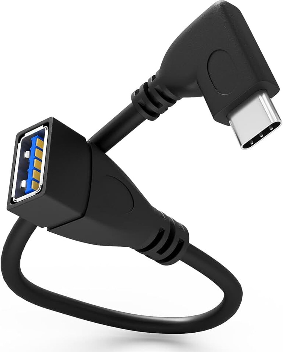 USB-C 3.0 Adapter USB-C stekker naar USB-A bus ca.16,5cm hoekstekker 90° OTG 5 Gbit/s SuperSpeed kabel compatibel met iPhone, MacBook, iPad, Galaxy, Huawei, Redmi Note etc. PVC zwart