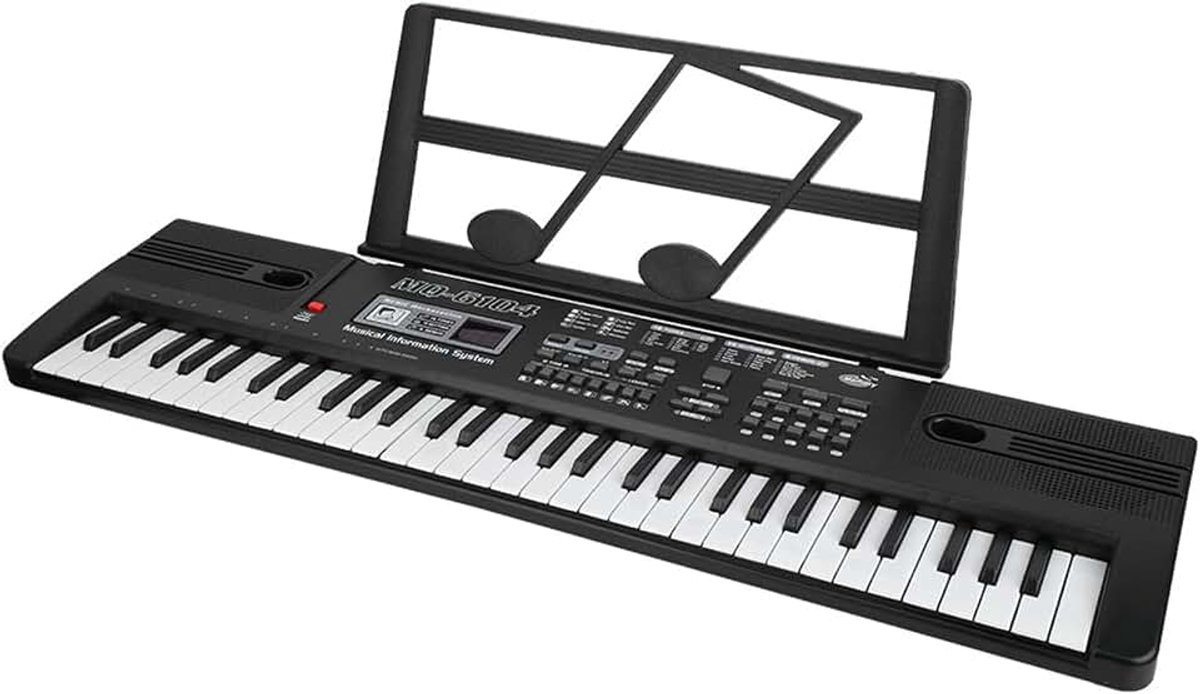 Digitale piano met muziekstandaard, oplaadbaar pianotoetsenbord, pianotoetsenbord met 61 toetsen, 16 geluiden, 8 geluidseffecten, 10 ritmes, 6 demo's, instelbaar ritme en volume