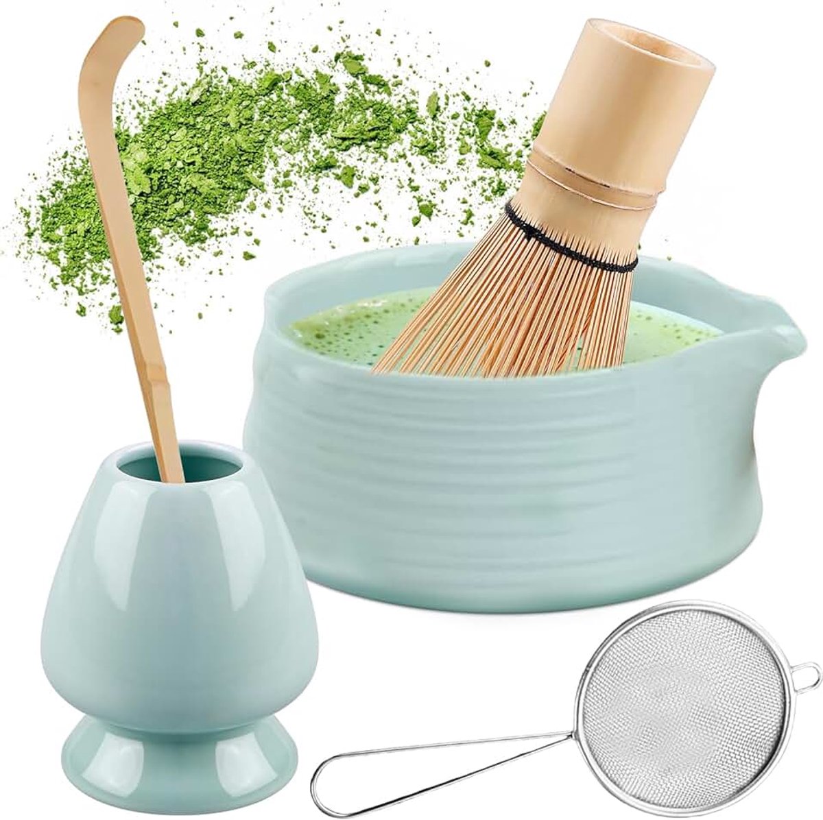 Matcha theeset, bezemset met garde, bezemhouder, schaal van keramiek, theelepels, zeef, Japanse accessoires voor de matcha-ceremonie