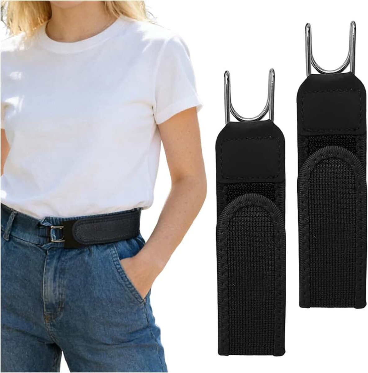 2 Stuks Sluitloze Riem Mannen Vrouwen, Elastische Sluitloze met Metaalhaak, Unisex Riem Zonder Sluiting voor Jeans en Buitenwerken, Zwart