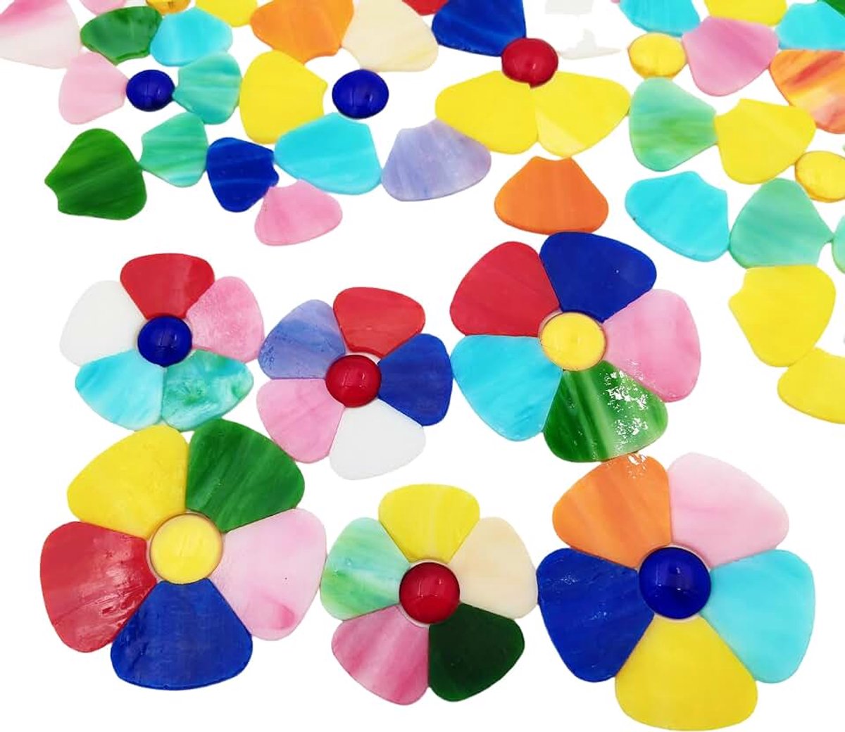Mozaïektegels, 2 maten bladvormige gekleurde glasmozaïek stukken voor DIY bloemknutsel, woondecoratie, binnen- en buitendecoratie met opbergdoos (mix van kleuren)
