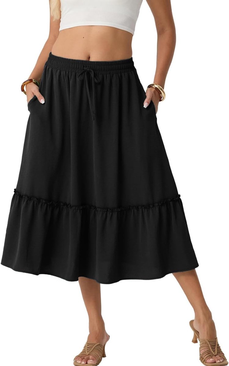 Zomerrok voor dames, lange zomerrok, hoge taille, midirok met zakken, trekkoord, licht, luchtig