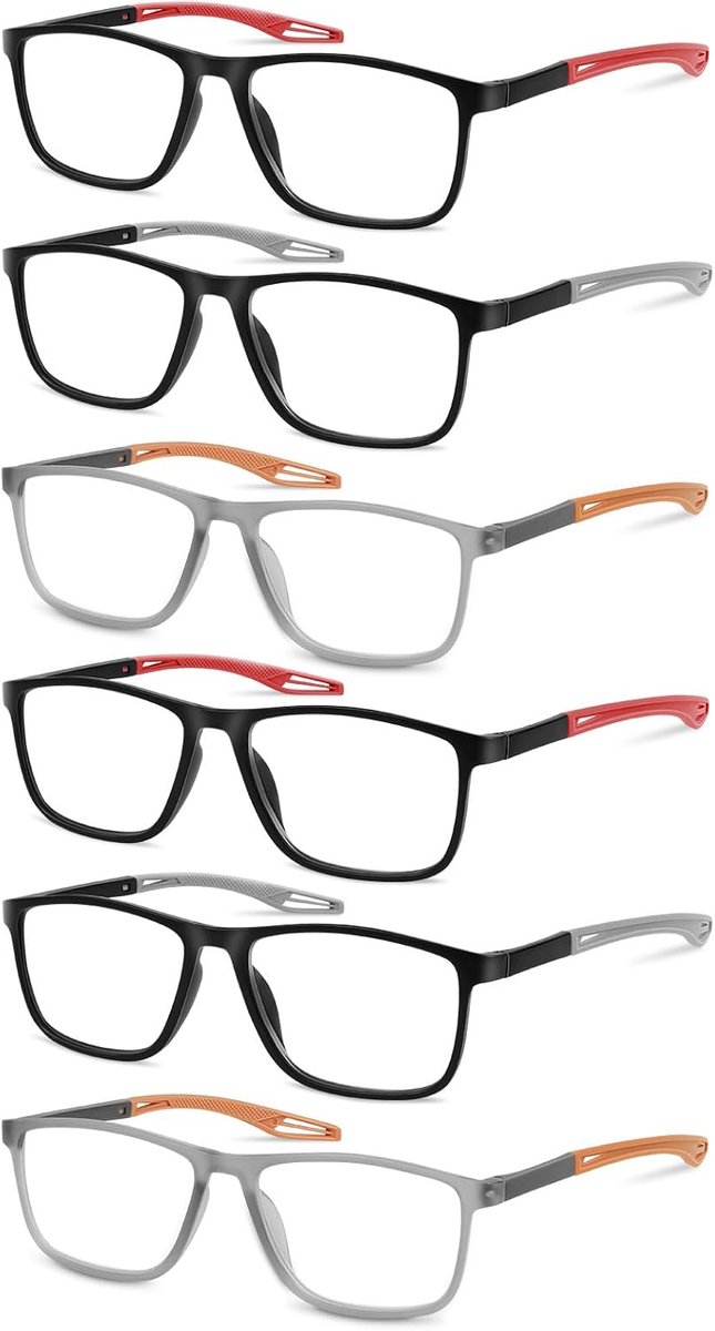 Brillen, 6-pack, schokbestendige computerleesbrillen, blauwlichtblokkering, flexibele rechthoek, unisex