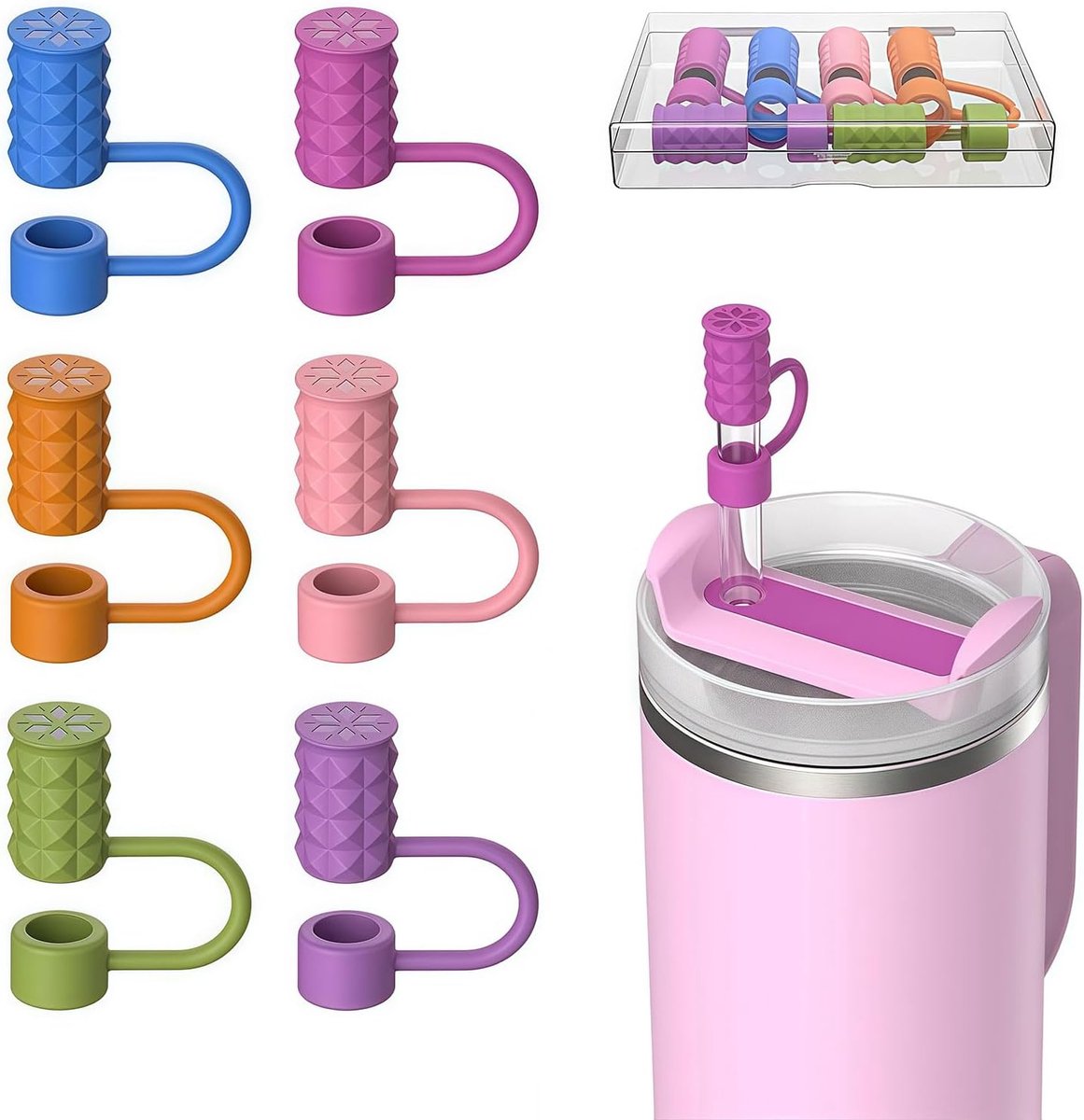 6 stuks voor Stanley cup accessoires, rietje afdekking, siliconen rietje topper voor Stanley Quencher 30/40oz beker, passend voor 10 mm plastic rietjes met compacte opbergdoos