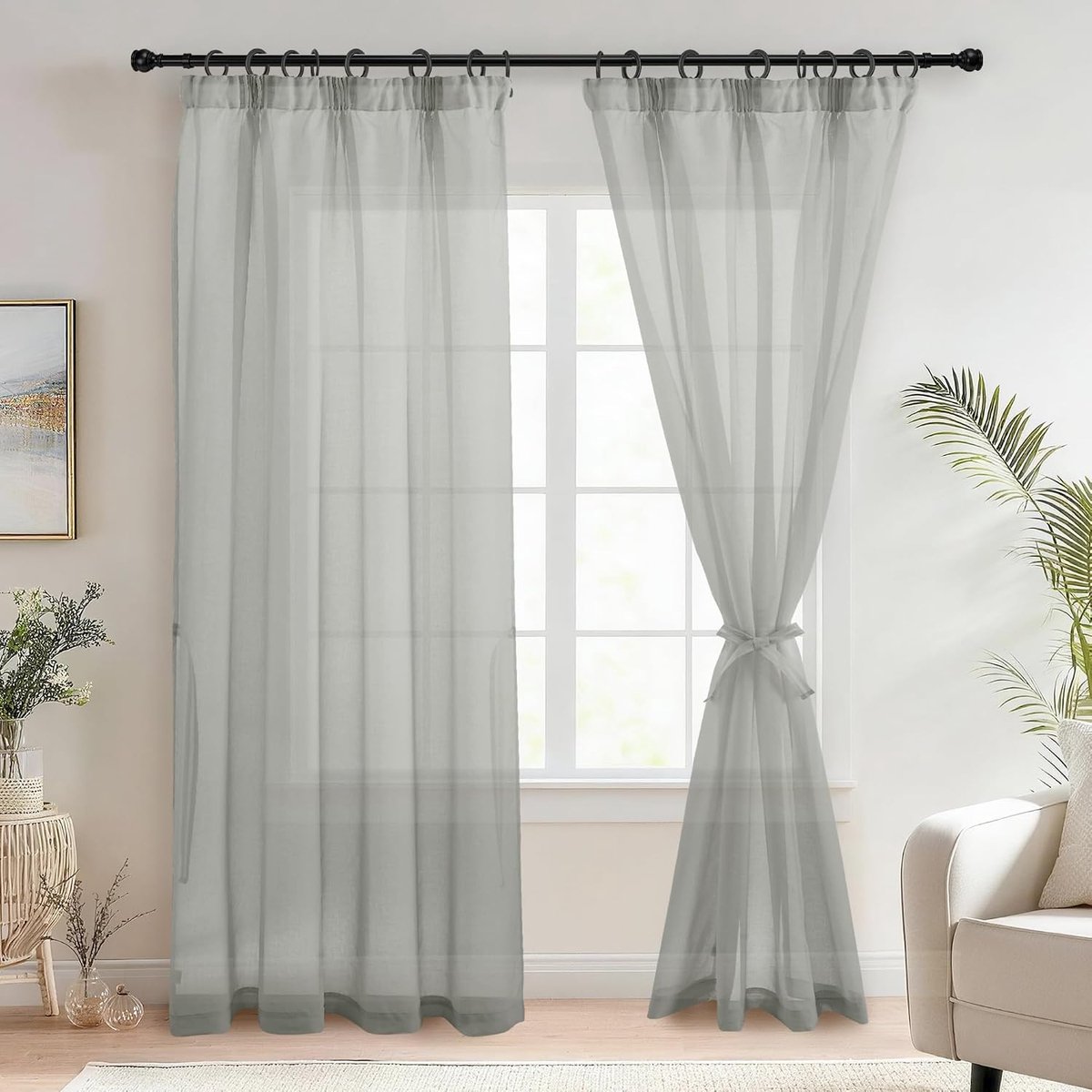 Voile gordijnen met plooiband, linnenlook, 2 stuks, halftransparant, gordijnen voor woonkamer, doorzichtige gordijnen, grijs, 225 x 140 cm (hoogte x breedte)