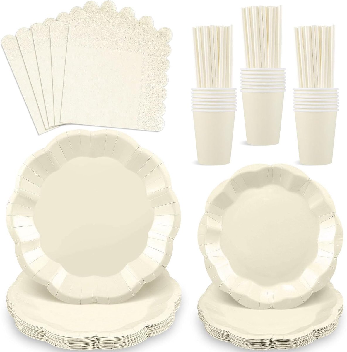 125-delig partyserviesset voor 25 gasten, beige golvende papieren borden, bekers, servetten en papieren rietjes voor picknick, bruiloft, verjaardag