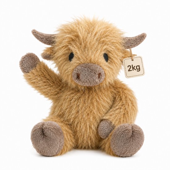 Un doudou écossais brun assis, tenant une étiquette de 2 kg et faisant un signe de la patte.