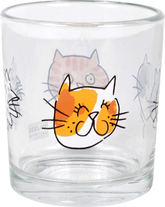 Glazen sapglas met een opdruk van een oranje/witte kattenkop. Blond Amsterdam logo op glas.