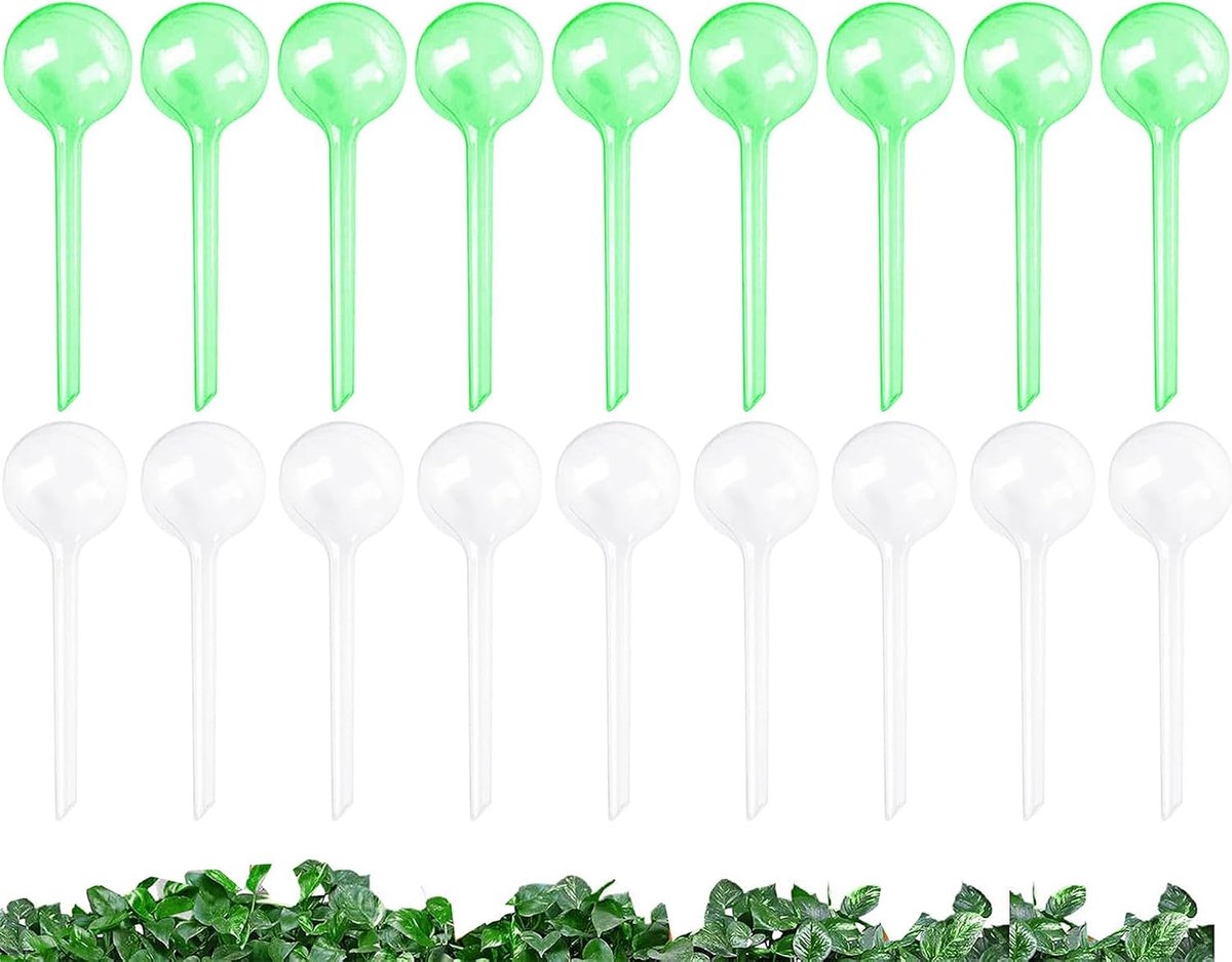 18 stuks irrigatieballen voor planten, kleine planten, gietballen, 13 x 5 cm, planten, irrigatieballen, potplanten, plantenbewateringsballen voor binnen en buiten (groen + transparant)