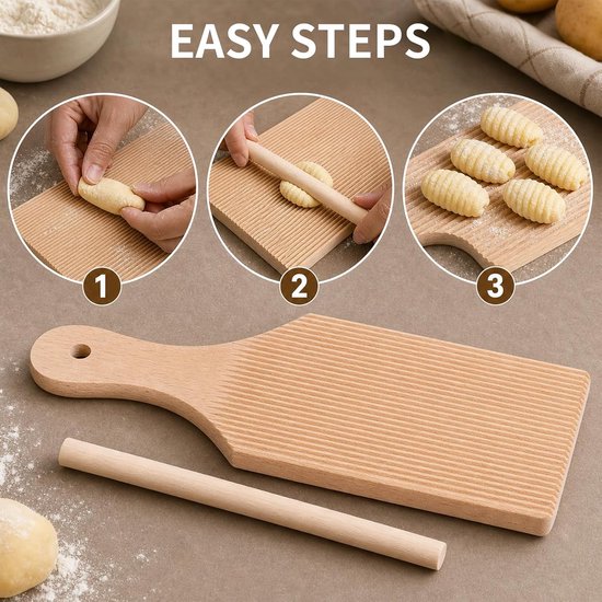 Plank, noedelplank met oppervlak van beukenhout, pastamachine, 24 cm, pastabord met handvat, pastamachine, voor zelfgemaakte gnocchi, pastamachine, keuken en doe-het-zelf pasta zelf maken — afbeelding 3