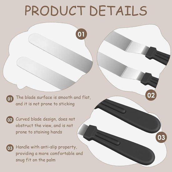 2 stuks, professionele gebogen spatel van roestvrij staal, voor cake, pannenkoeken, decoratie en gladmaken met ergonomische antislip handgreep (zwart) — afbeelding 3
