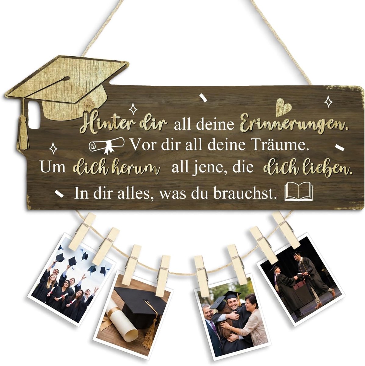 Decor Afsluiting foto houten wandbord, retro afstudeerhoed, motief met klemmen, voor afgestudeerden cadeau, bruin hout, 30x15cm