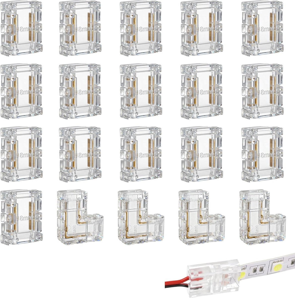 20 x COB led-connectoren, 2-polig, 8 mm, 4 L-hoekconnectoren en 16 rechte aansluitingen, transparante en naadloze ledstripaansluiting, led-aansluiting COB 8 mm voor 12 V/24 V, ledstripaansluiting