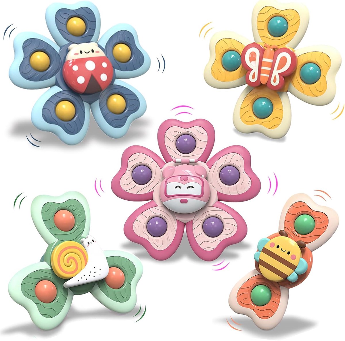 Zuignapspeelgoed voor baby's, 5 stuks, sensorisch spinner, badspeelgoed, babyspeelgoed, vanaf 3 maanden, badspeelgoed met zuignap, draaispeelgoed voor tafel, raam, hoge stoel