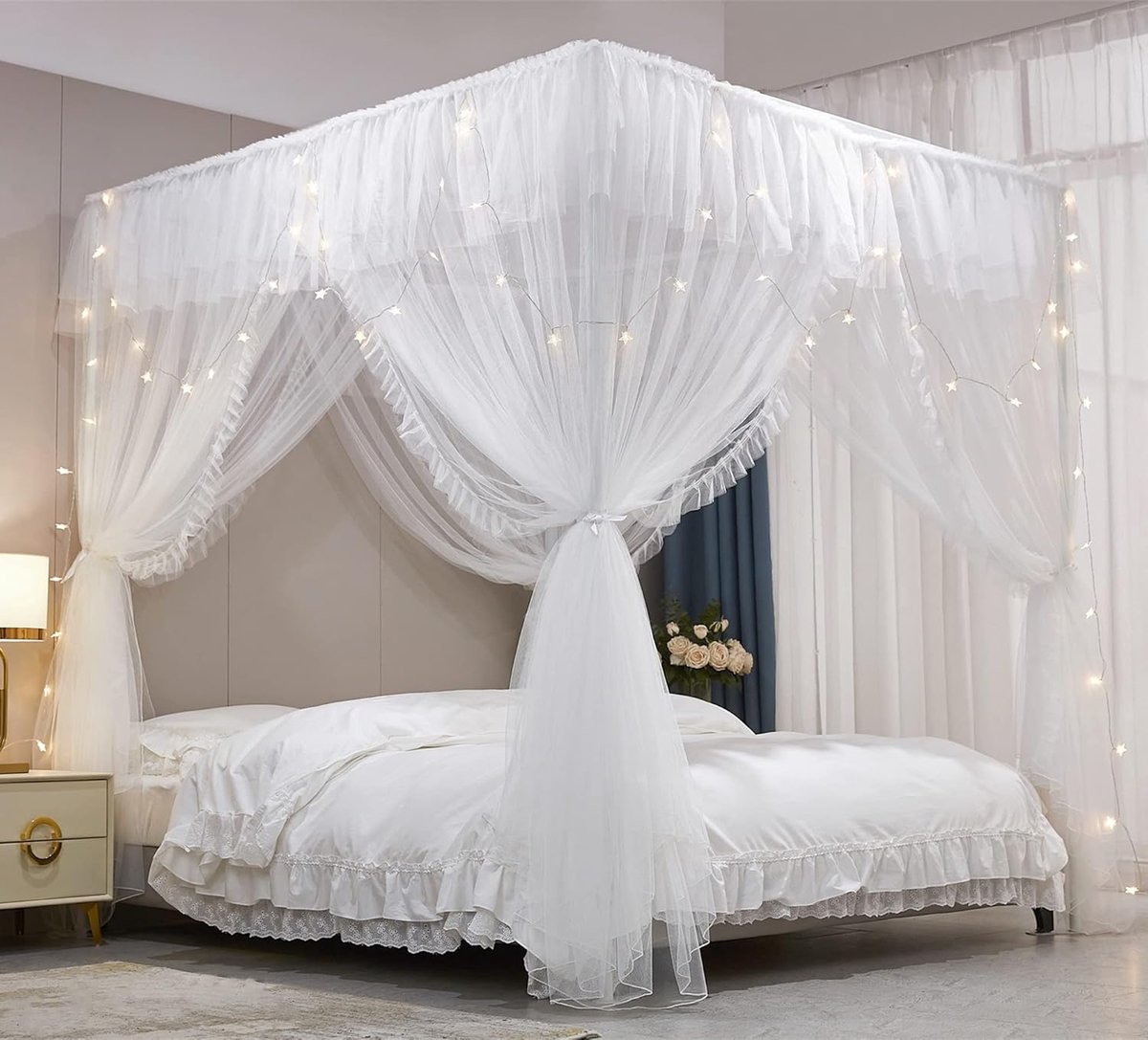 Hemelbed met Ruches Vierkant Klamboe met 4 Openingen Dubbel Laags Muskietennet voor Meisjeskamer Romantisch Zacht en Ademend(wit,1,8Wx2Lx2,1H(M))