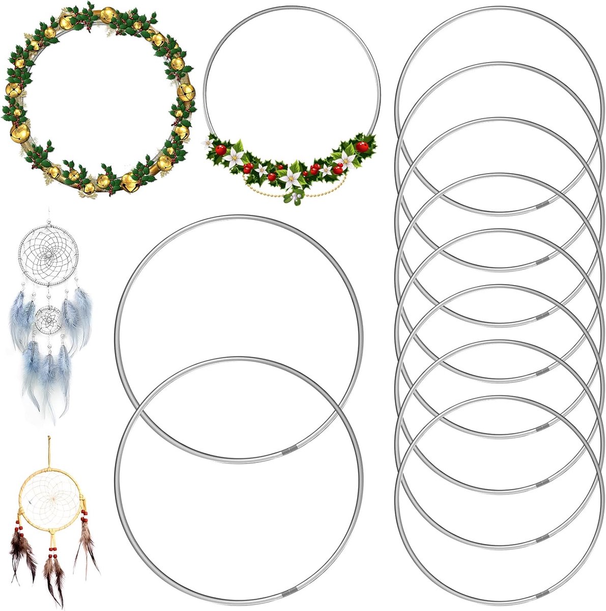10 stuks metalen ringen om te knutselen, 20 cm | zilveren dromenvangerringen metaal, draadringen om te knutselen, decoratieve ringen, decoratieve ringen om op te hangen