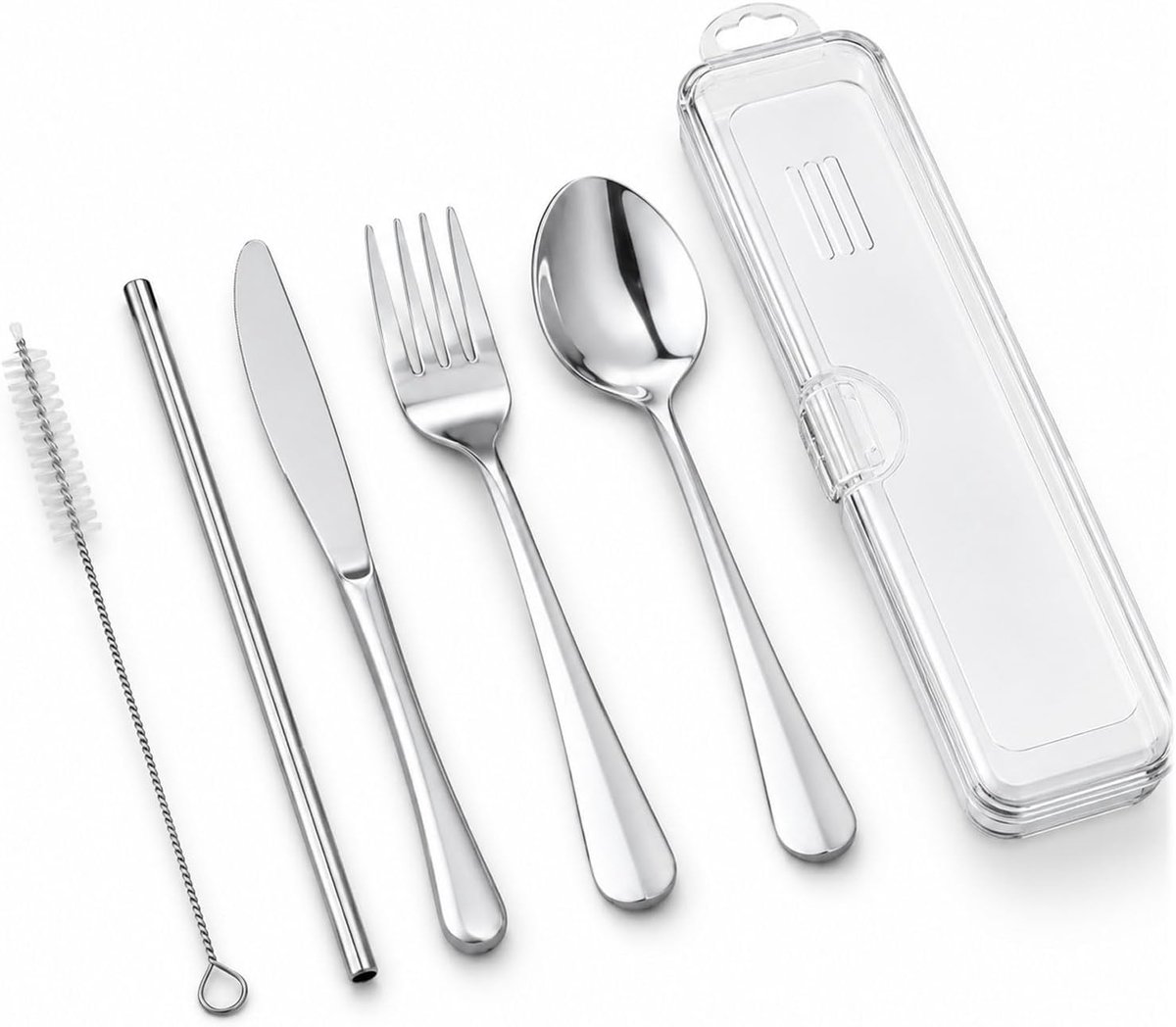 Bestek Set met Etui, Travel Cutlery Set van roestvrij staal met lepel, vork, mes, rietje & reinigingsborstel, Herbruikbaar reisbestek voor kamperen, kantoor en reizen