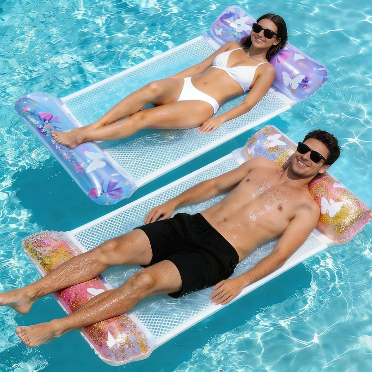 Dellyy 2 stuks strandmatras, opblaasbare hangmat met net, drijvende hangmat voor zwembad, zee, opblaasbare matras voor zwembad en strand, accessoires voor zwembad, opblaasbaar, voor volwassenen