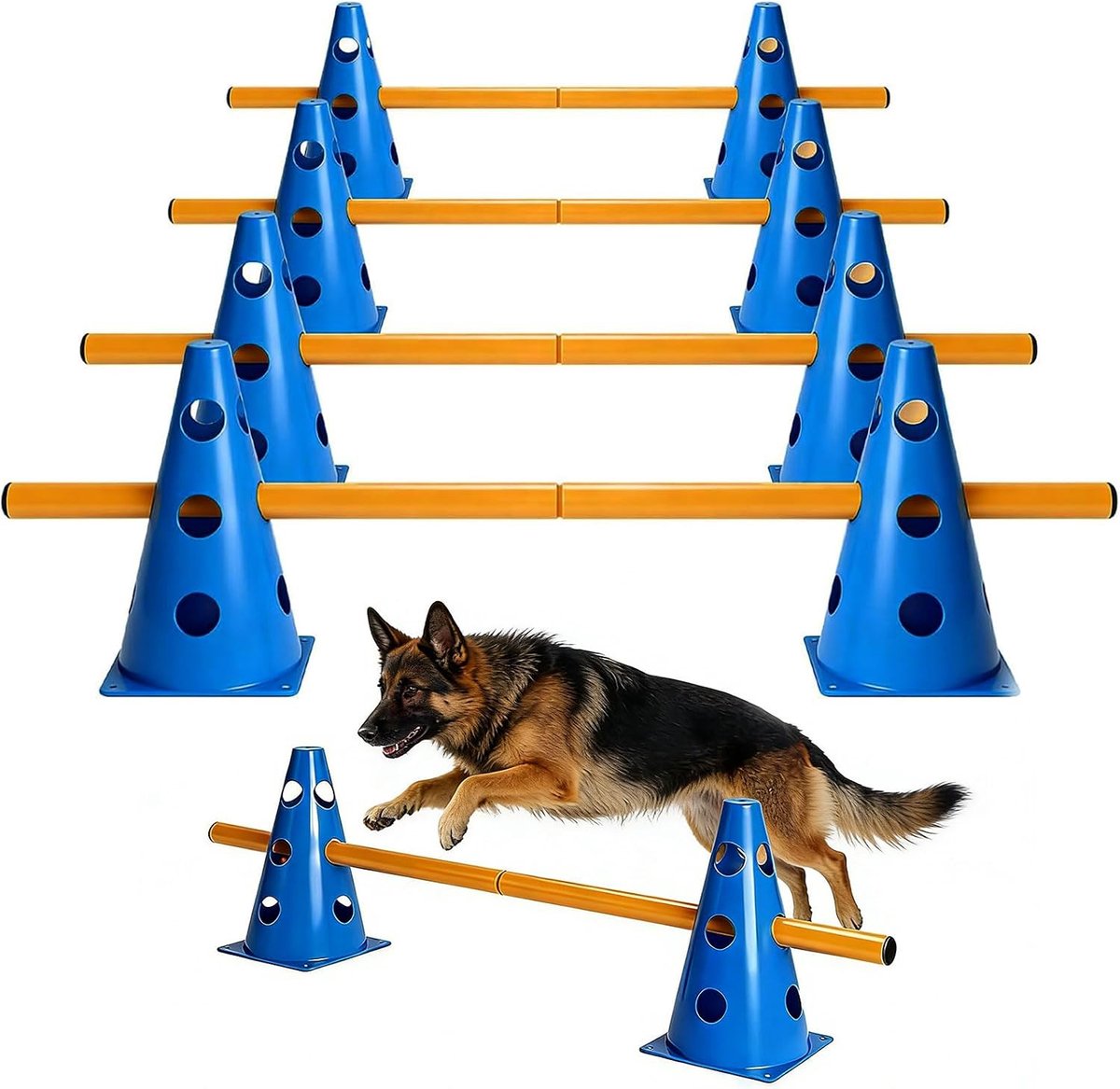 Set kleine cavaletti honden steekhordenset, behendigheid trainingsaccessoires voor honden paarden, set voor honden, hordenset met 10 kegels, 5 stangen voor trainingsoefeningen