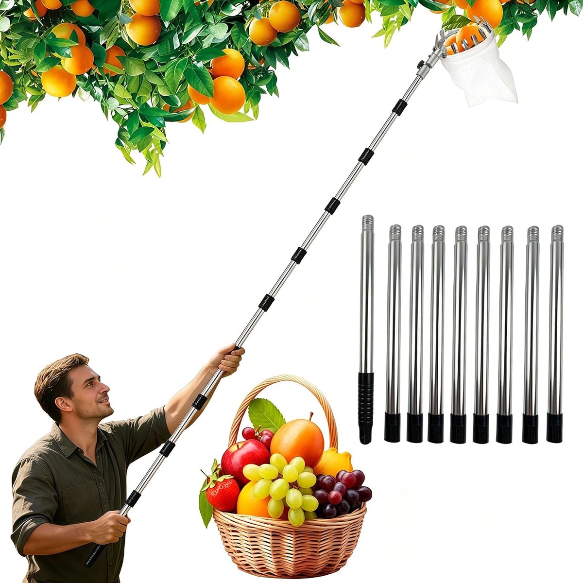 4M fruitplukker met telescoopsteel, verstelbare kop, appelplukker met roestvrijstalen verbindingsstang en katoenen zak, fruitverzamelaar voor appels, kersen, peren, pruimen (B)