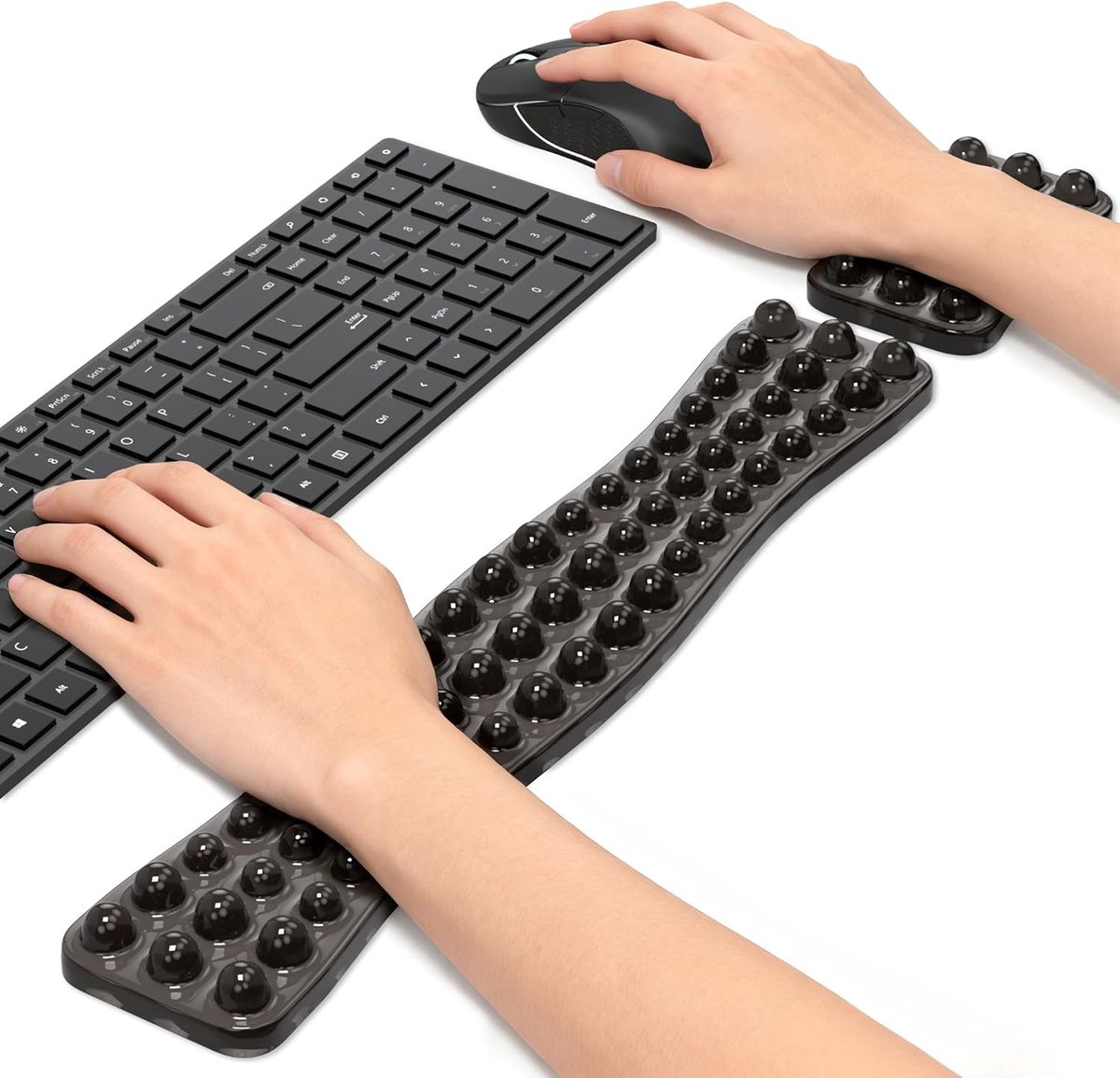 Polssteunen van gel van glas met ergonomische punten voor toetsenbord + muis, anti-stress en maximaal comfort, transparant, zwart